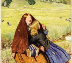 A pre-Raphaelite painting of a blind girl and a friend sitting in a field following a rainstorm, with receding storm clouds and a rainbow in the distance.