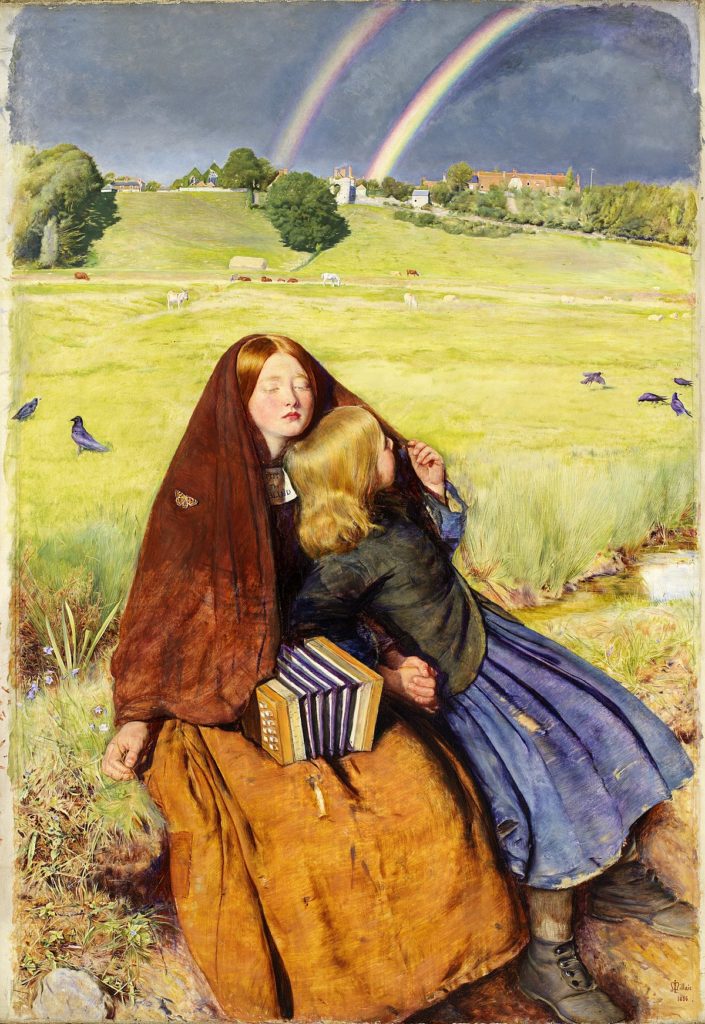 A pre-Raphaelite painting of a blind girl and a friend sitting in a field following a rainstorm, with receding storm clouds and a rainbow in the distance.