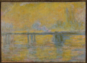 An Impressionist painting of Charing Cross Bridge crossing the River Thames in London.