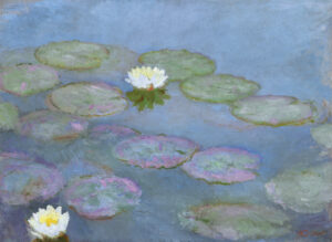 A painting of water lilies and lily pads.