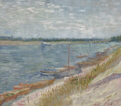 A painting of small boats moored on a river.