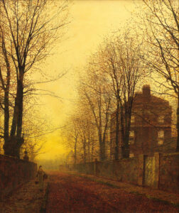 A scene of a country road with a house and trees on one side, all covered in golden light.