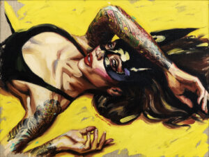 A painting of a tattooed woman in a black bikini top and a Catwoman mask against a yellow background