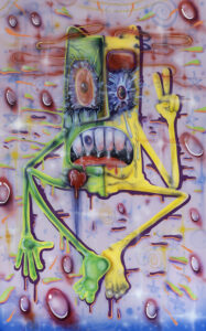 A graffiti-inspired painting of a green and yellow creature against a purple background.