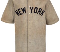 Babe Ruth's New York Yankees jersey, grey with blue lettering that sys New York