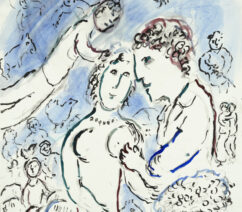 An abstract drawing showing several figures against a pastel blue background.