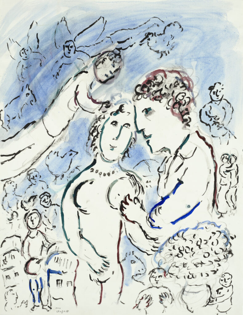 An abstract drawing showing several figures against a pastel blue background.