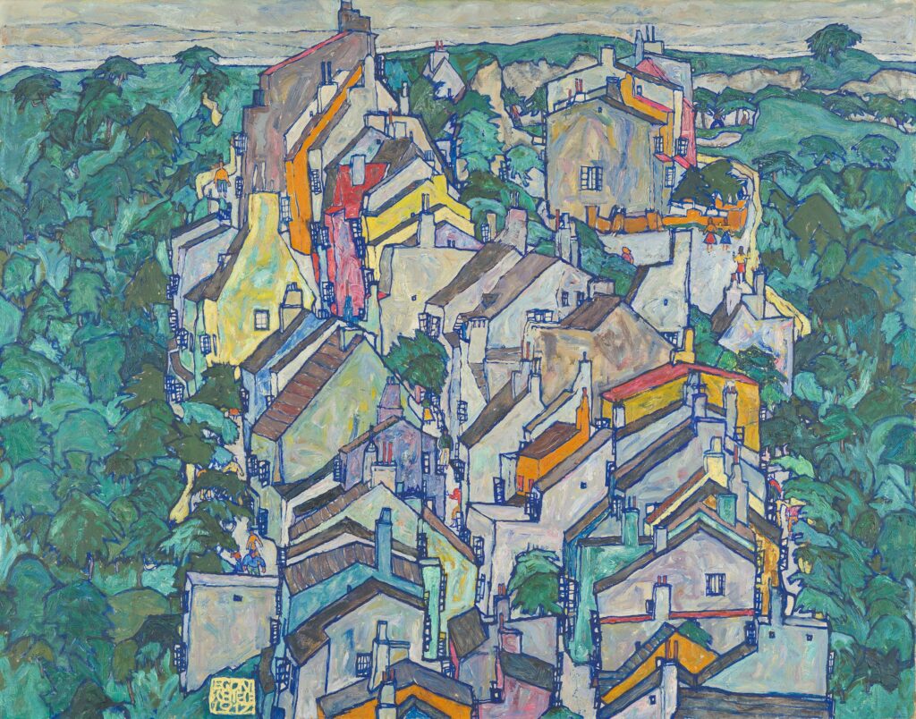 A painting of a group of houses in a town surrounded by trees and greenery.