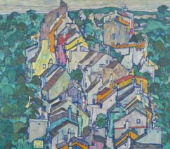 A painting of a group of houses in a town surrounded by trees and greenery.
