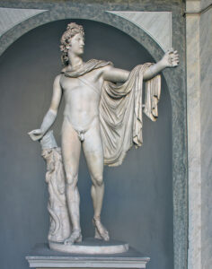 A marble statue of the god Apollo with his hand outstretched