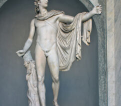 A marble statue of the god Apollo with his hand outstretched