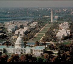 The National Mall in Washington, DC, a stretch of green space between the US Capitol and the Washington Monument.