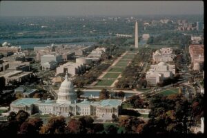 The National Mall in Washington, DC, a stretch of green space between the US Capitol and the Washington Monument.