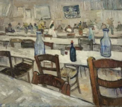 A 19th-century painting of the inside of a restaurant with yellow flowers in bottles decorating the tables.
