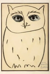 A drawing of an owl with human eyes