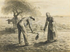 A drawing of farmers planting seeds in a field.