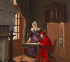 A painting of a Catholic cardinal playing solitaire while his housekeeper waits with a cup of tea.