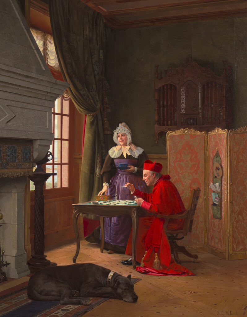 A painting of a Catholic cardinal playing solitaire while his housekeeper waits with a cup of tea.