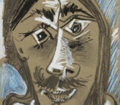 An abstract drawing of a man's face with a moustache.