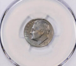 1975 Roosevelt dime in a holder, detail