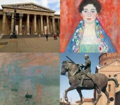 A combination of 4 images (clockwise from the top left): the British Museum entrance, Gustav Klimt's Portrait of Fräulein Lieser, Donatello's equestrian statue of Gattamelata, and Claude Monet's Impression, Soleil Levant