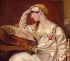An early 19th century portrait of a woman in a silk dress and Asian-style turban pondering a book against a background of red drapes.