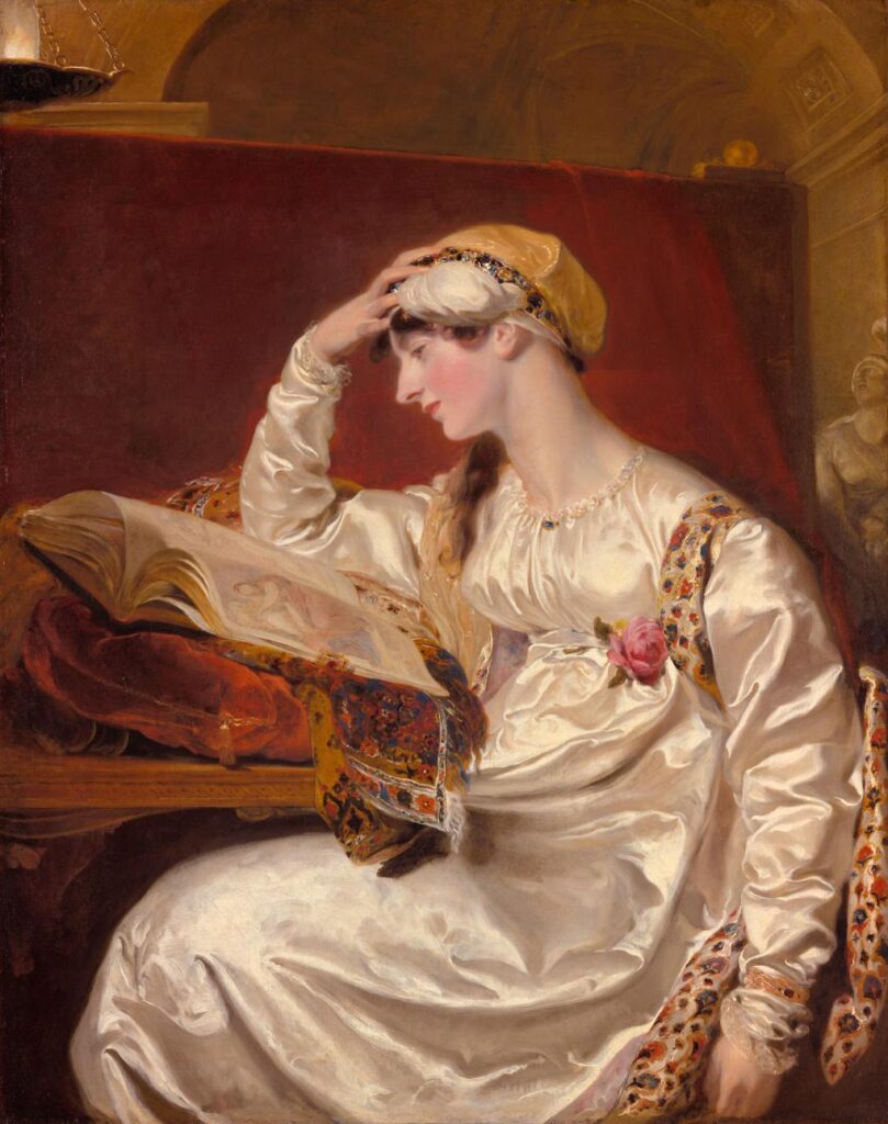 An early 19th century portrait of a woman in a silk dress and Asian-style turban pondering a book against a background of red drapes.