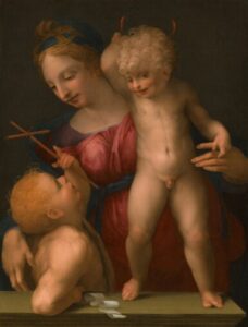 A painting of the Virgin Mary with Jesus and John the Baptist as infants