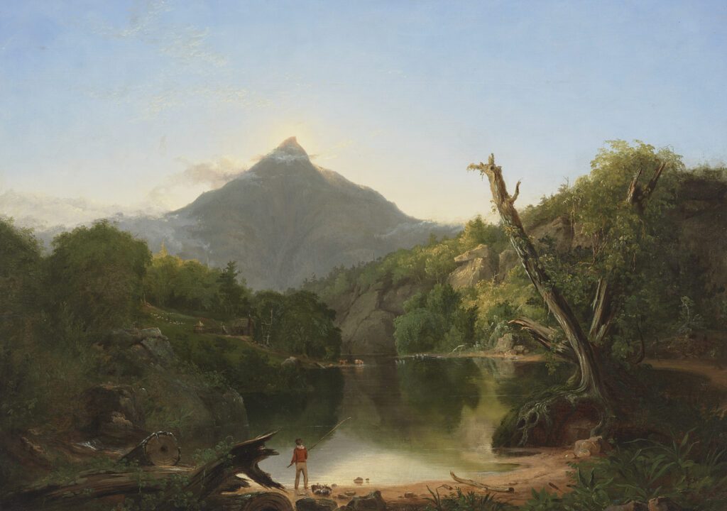 A New England landscape painting showing a fisherman at a lake in the foreground and a mountain in the background.