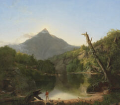 A New England landscape painting showing a fisherman at a lake in the foreground and a mountain in the background.
