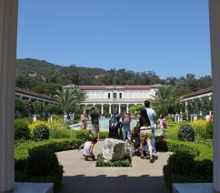 The interior courtyard of the Getty Villa in Los Angeles, with gardens and a reflecting pool.