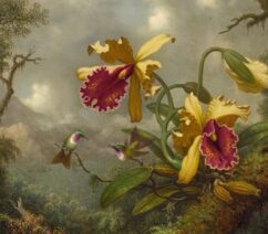 A painting of orchids and hummingbirds against a jungle background.