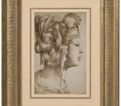 A chalk drawing of a woman in profile with an elaborate headdress.