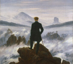 A painting of a man with his back to the viewer climbing a rock looking out over a fog-covered landscape.