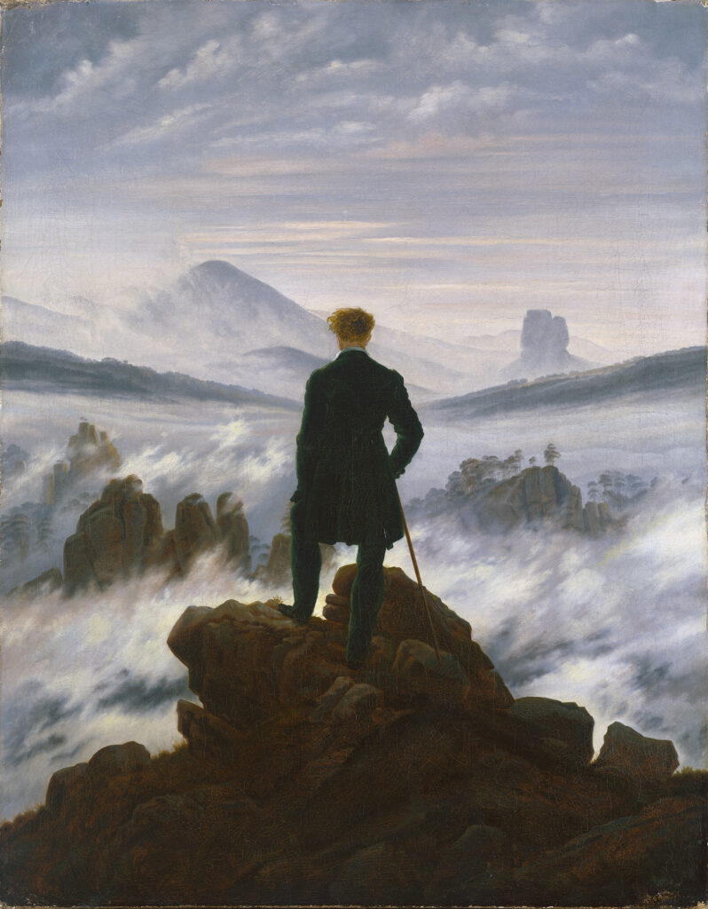 A painting of a man with his back to the viewer climbing a rock looking out over a fog-covered landscape.