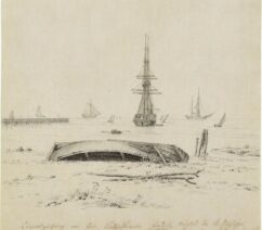 A drawing of ships on the water, while an overturned rowboat lays on the beach.