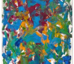 An abstract painting of mainly green and blue, with touches or red and orange.