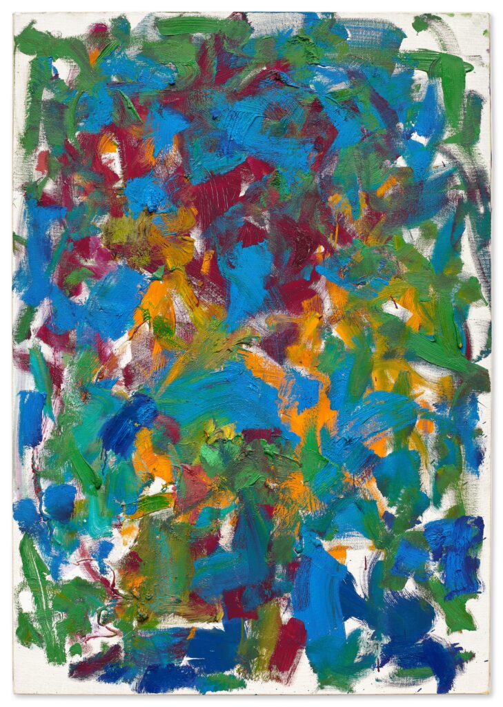 An abstract painting of mainly green and blue, with touches or red and orange.