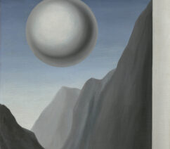 A painting of a small figure on top of a large floating orb seen through a window.