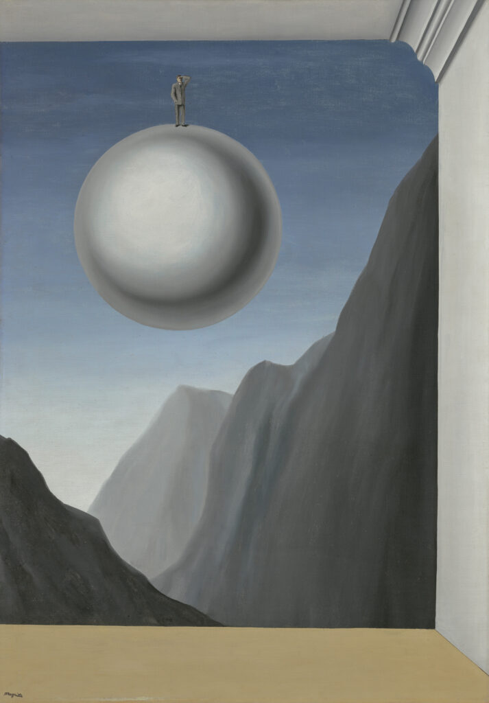 A painting of a small figure on top of a large floating orb seen through a window.