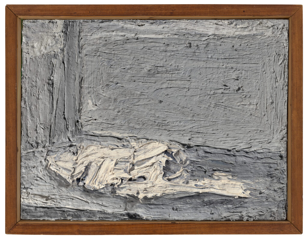 An abstract painting of thick white lines on a gray background, vaguely in the shape of a person laying down.