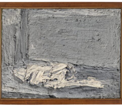 An abstract painting of thick white lines on a gray background, vaguely in the shape of a person laying down.