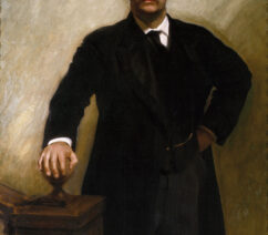 A painting of Theodore Roosevelt posing at the base of a stair, placing his hand on the balustrade.