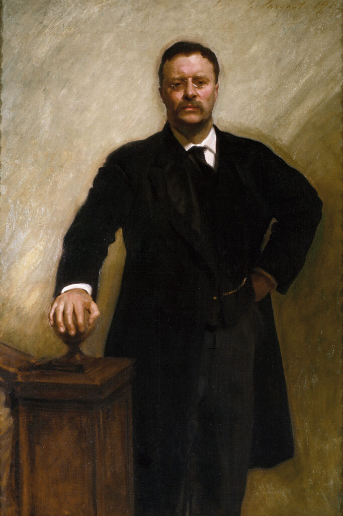 A painting of Theodore Roosevelt posing at the base of a stair, placing his hand on the balustrade.