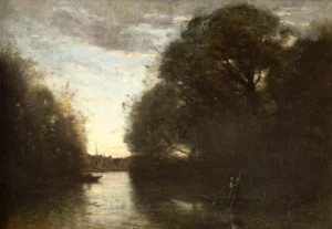 A landscape showing a river surrounded by trees leading off into a town.