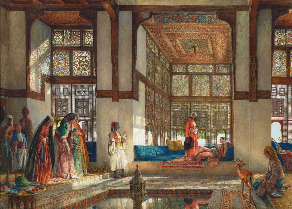 A painting of a Turkish harem, showing a group of women in Middle Eastern robes.