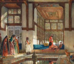 A painting of a Turkish harem, showing a group of women in Middle Eastern robes.
