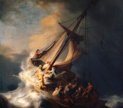A painting of a boat on a stormy sea.