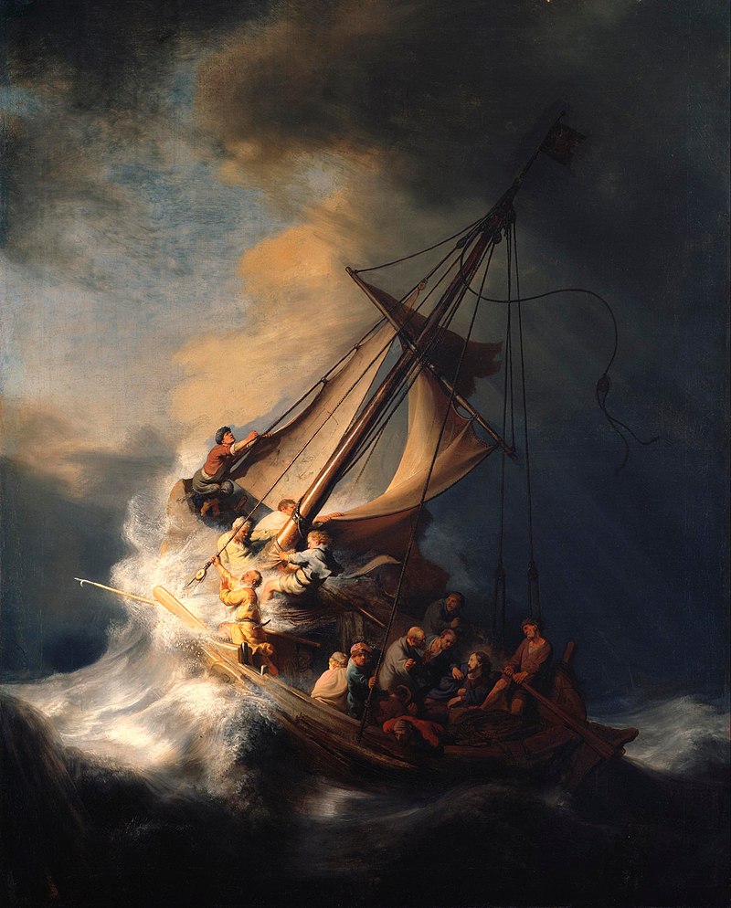 A painting of a boat on a stormy sea.