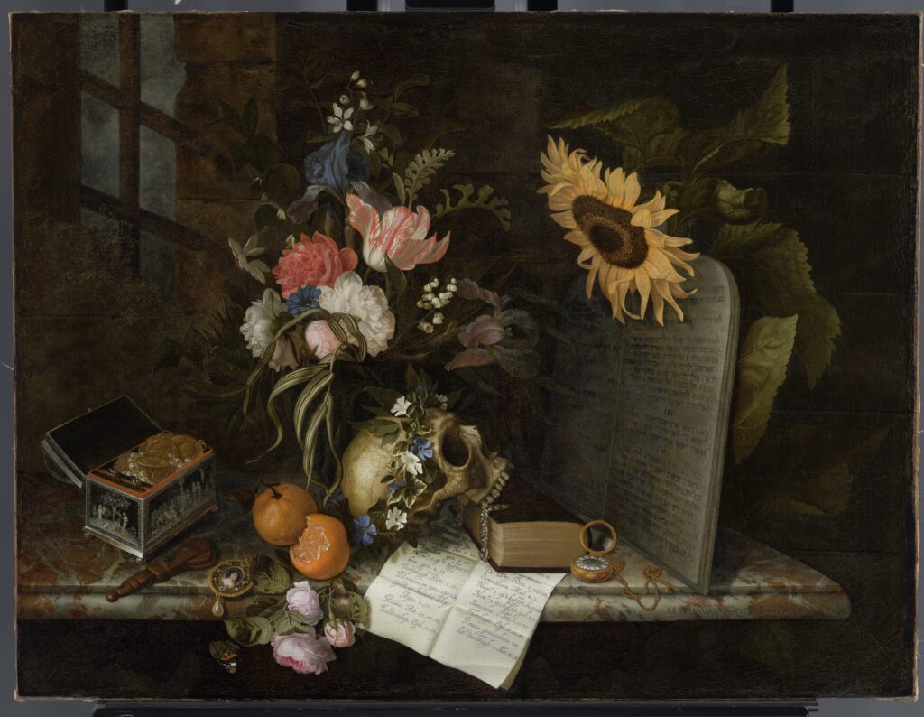 A 17th century still life painting with flowers, a skull, a book, a jewelry box, and a stone tablet.